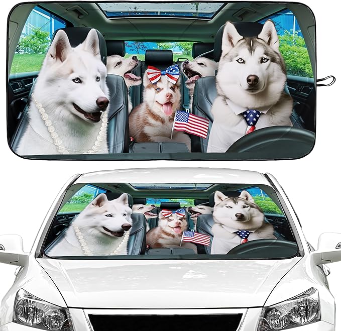 Funny Husky Driving Car Windshield Sun Shade Foldable Sunshade Front Window Cover Sun Visor Protector Accessories (59x27.5 inches)
