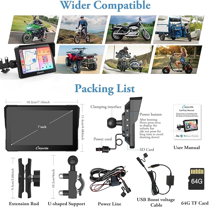 Carpuride W702 for Motorcycle, 7 inch Waterproof Touchscreen, Portable Carplay/Android Auto GPS Navigation for Motorbike, Support Dual Bluetooth, Car GPS, Siri, G00gle Assistant, TF-64G