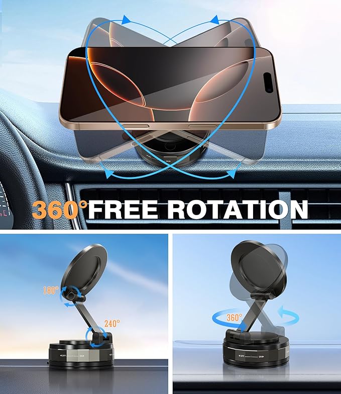 Phone Holder for Car Suction Cup Phone Mount Mag-safe 360° Rotatable Lock[89+LBS Strongest Suction 2800gf Magnetic]Foldable Vacuum Magnetic Phone Stand for iPhone 17 Pro Max/Air/16/Gym/Bathroom Mirror