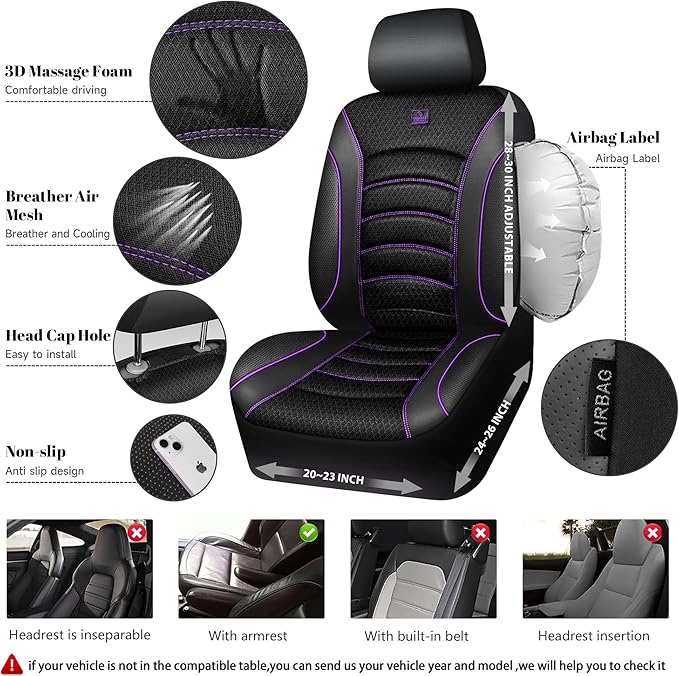 CAR PASS Comfortable 3D Foam Mesh Leather Car Seat Covers Front, Air Cool Mesh Breathable Front Seat Covers for Car, Universal for SUV Truck Sedan Automotive, Airbag Compatible,Black Purple