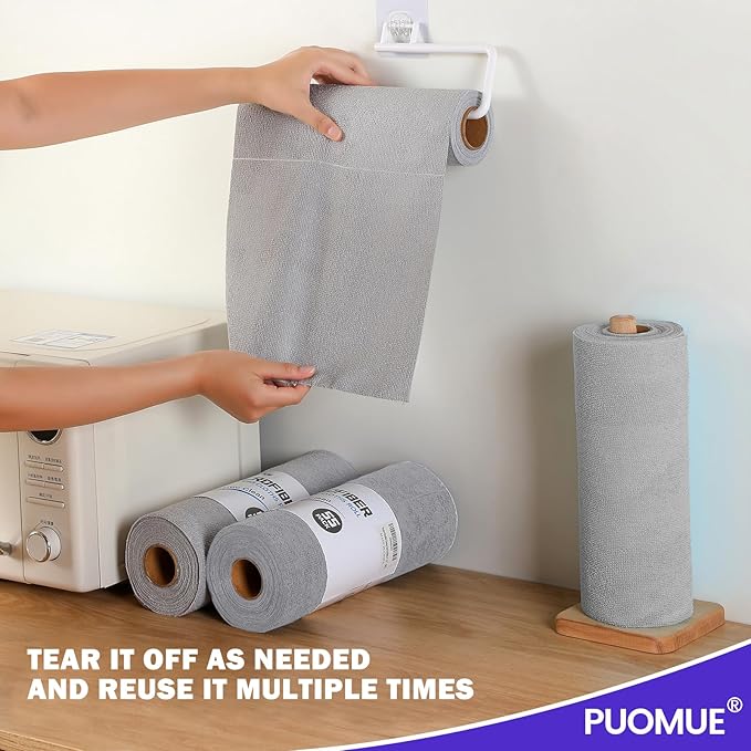 Puomue 55 Pack Microfiber Cleaning Cloth Roll, Tear Away Reusable Towels, 11" X 9", Ultra Absorbent & Lint Free Microfiber Cloth for Cleaning Cars, Kitchen, Window, Home and Shop, Grey
