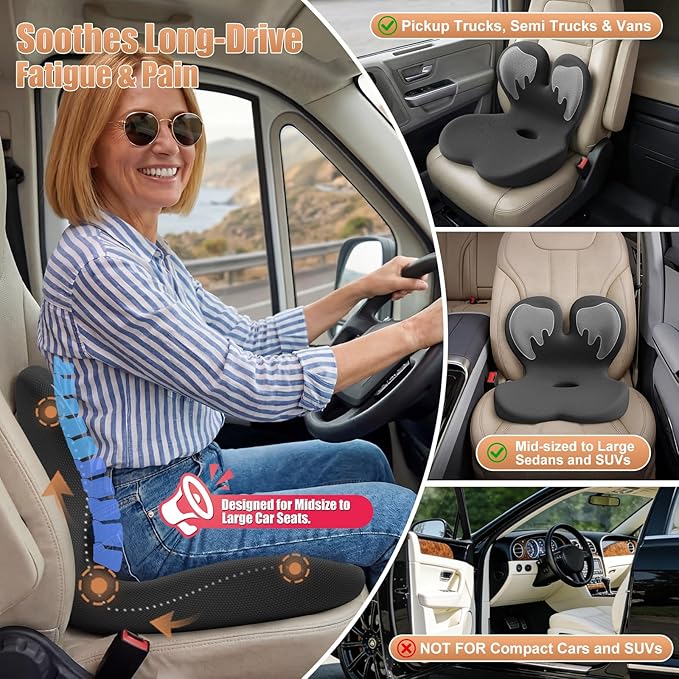 Car Seat Cushion with Lumbar Support for Long Driving Truck RV, 3" Lift Breathable Ergonomic Memory Foam Cushion for Hip, Coccyx, Sciatica, Tailbone & Lower Back Support Vehicles Office Chair (White)
