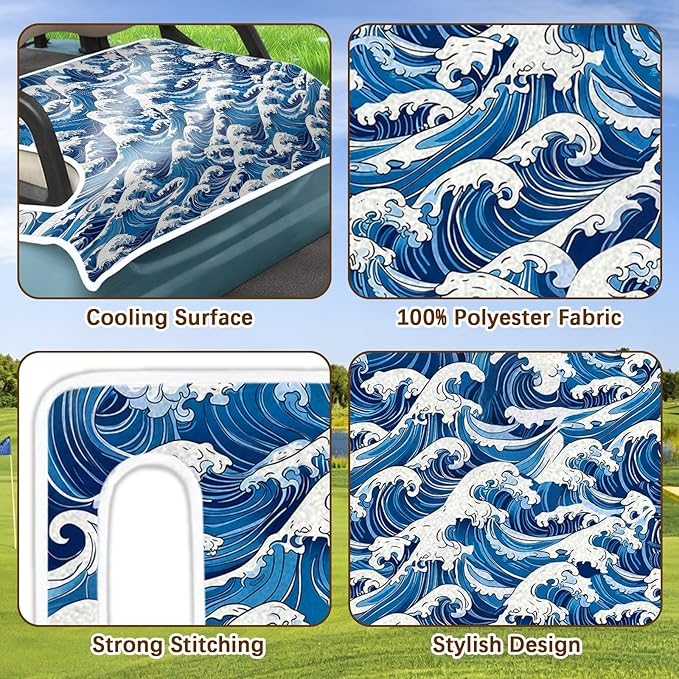 Golf Cart Seat Covers, Blue Golf Cart Seat Towel Blanket Club Car for Golf Lover, Wave Golf Cart Accessories, Keep Seat Comfortable and Cool for 2-Seat Golfs Carts, Gifts for Christmas Thanksgiving