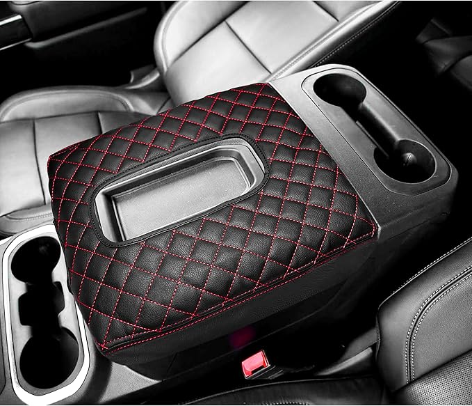 Center Console Cover for Chevy Silverado/GMC Sierra Accessories 2019-2026, Tahoe & Suburban & Yukon 2021-2026 Armrest Cover Middle Console Leather Protector Pad (Bucket Seat Consoles)(Red Stitches)