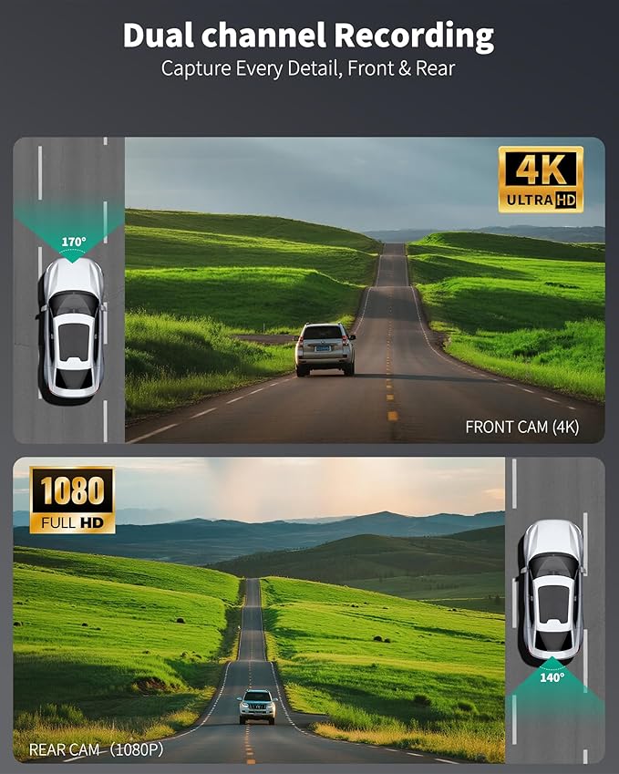 AZDOME 4K Dash Cam Front and Rear 1080P, Free 64GB Card Included, 5.8GHz WiFi Dual Dash Camera for Cars, 3" IPS Screen Dashcam, Car Camera with G-Sensor, 170°Wide Angle,24H Parking Mode Voice Control