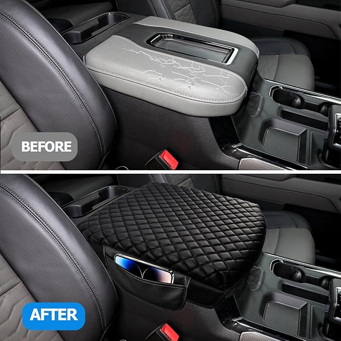 Center Console Cover with Side Pocket for 2019-2026 Chevy Silverado/GMC Sierra and 2021-2026 Tahoe/Suburban/Yukon, Car Armrest Cushion Pad Leather Protective Cover (for Bucket Seat Consoles)