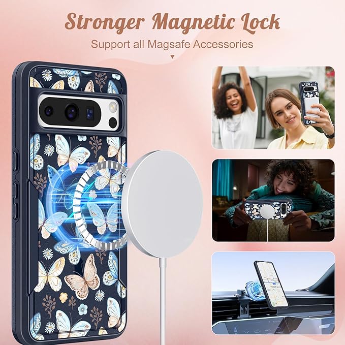 for Google Pixel 8 Pro Case - Compatible with MagSafe Women Girls Cute Magnetic Protective Cover Kawaii Girly Blue Butterfly Heavy Duty Shockproof Design for Google Pixel 8 Pro Phone Cases