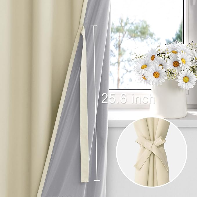XWZO 100% Blackout Curtains - Heat and Full Light Blocking Drapes with Black Liner for Bedroom/Laundry Room, Grommet Top Window Panels with Tiebacks, Beige, W42 x L72, Set of 2