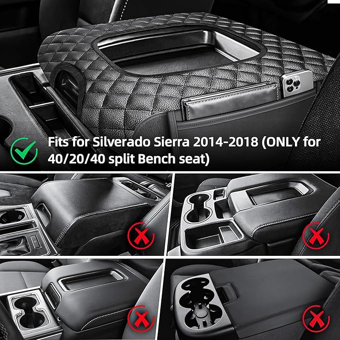 Center Console Cover Fit for Chevy Silverado 2014 2015 2016 2017 2018 Jump Seat, Middle Console Cover, Durable Arm Rest Cushion for Trucks with 2 Pocket (ONLY for Split Bench Jump Seat)