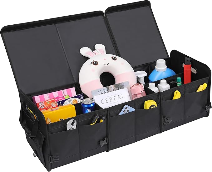 AOKJOY Car Trunk Organizer with Lid Storage Collapsible Multi Compartment Adjustable Straps for SUV, Truck, Sedan(Black) XL