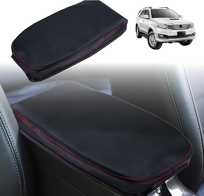 Center Console Cover Compatible with Toyota RAV4 Accessories 2020-2025 and 2021-2025 RAV4 Prime, PU Leather Middle Console Lid Cover, Seat Protector Armrest Cushion Pad (Black with Red Stitches)