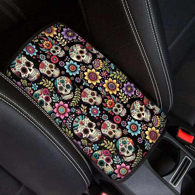 Dreaweet Hippie Flower and Skull Print Center Console Cover for Car Comfy Anti Scratch Armrest Cover Cushion Pad Universal Car Arm Rest Cover for SUV Truck Van