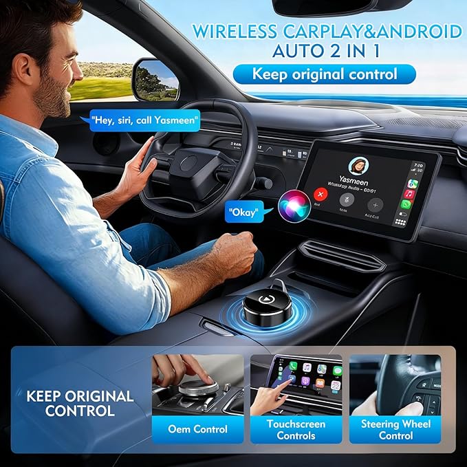 Wireless CarPlay Adapter, 2-in-1 Mini CarPlay & Android Auto Wireless Adapter, Plug & Play, Auto Connect, Car Accessories, Car Play Dongle Compatible with iPhone & Android
