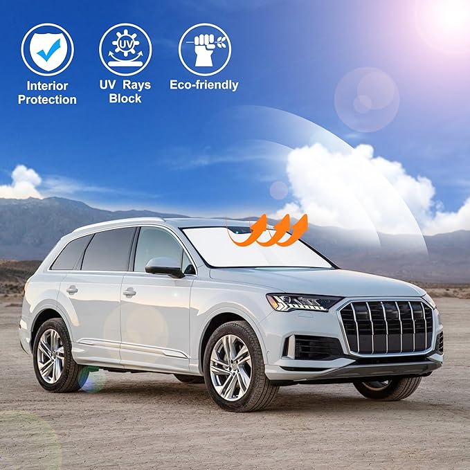 Windshield Sun Shade Custom Fit for 2016-2024 2025 2026 Audi Q7 SUV Accessories Foldable Sunshade Sun Blocker Protect Car from Sun Rays & Heat Damage Keep Car Cooler