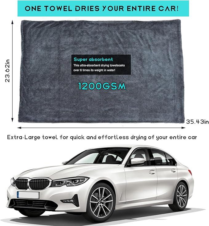 Microfiber Towels for Cars, 23.6"x35.4" 1200 GSM Ultra Thick Soft Car Detailing Drying Towel, Super Absorbent Double Twisted Loop Cloth Cleaning Towel for Car Truck SUV