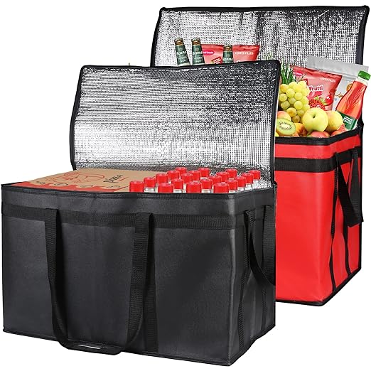 Bodaon 2-Pack Insulated Food Delivery Bag, XXX-Large Meal Grocery Tote Insulation Bag for Hot and cold Food, Commercial, Large Capacity Reusable Warming Bag, Heavy Duty Pizza Carrier, Black + Red