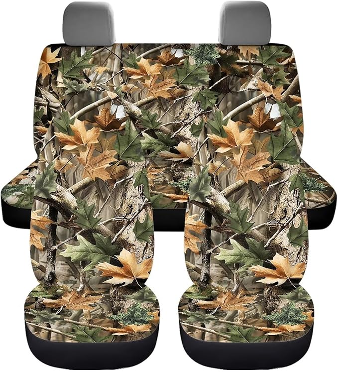 KEIAHUAN Car Seat Covers for Front and Rear Seat Full Set of 4 Pcs Hunting Camouflage Design Breathable Stretchable Front Saddle Blanket Rear Split Bench Protection Cover for SUV,Minivan,Trucks