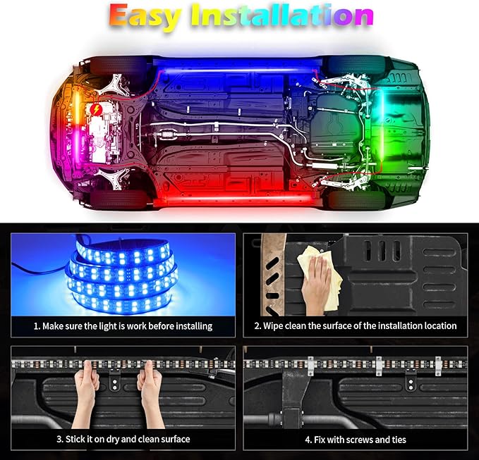 Underglow Light Kits 2-Rows,Neon Accent Strip Lights, 6PCS RGB LED Under Glow Light Kit for Car,Waterproof Exterior Car Light Strips for Van SUV Truck,with APP & RF Remote Control,DC 12V