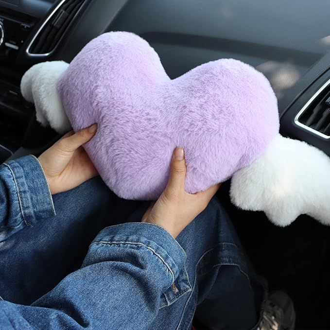 2 Pack Heart Shaped Cute Car Headrest Pillow with Angel Wings - Comfortable Soft Head Rest Cushion Kawaii Car Accessories Neck Pillow for Driving Travelling Office Home Decor - Lavender Love Heart
