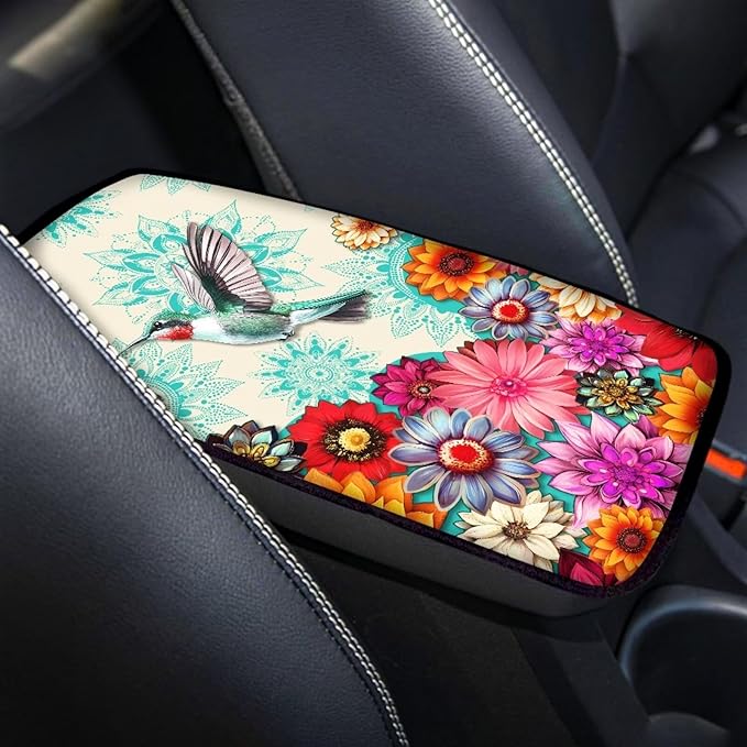 Boho Flower Hummingbird Vehicle Armrest Covers Armrest Seat Box Cover Protector Middle Storage Organizer Pad Aesthetic Interior Decor