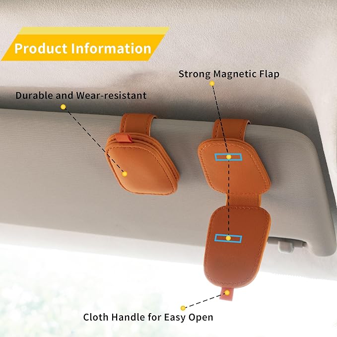 Yuoyar Sunglass Holder for Car, Magnetic Leather Sunglasses Holder and Ticket Card Clip, Car Visor Accessories, 2 Packs (Orange)