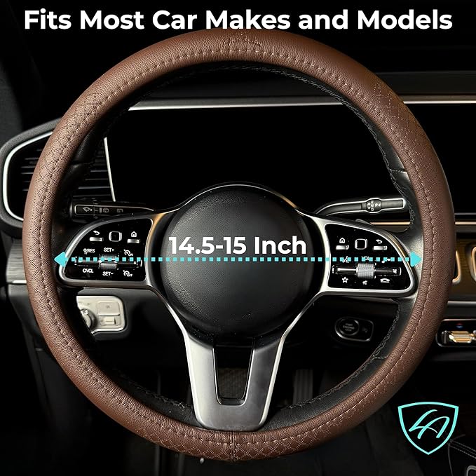 Lord Autofashion Steering Wheel Cover – PU Leather, Non-Slip Rubber Inner, All-Season Comfort – 14.5–15 Inch (Brown 9283)