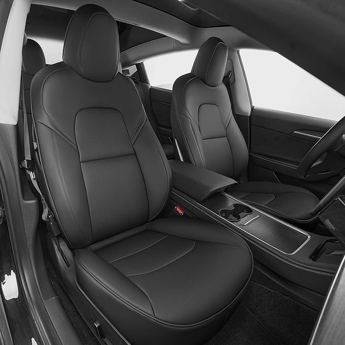 AOMSAZTO Seat Covers for Model 3 2017-2023-Full Set Leather Waterproof Car Seat Covers Airbag-Ready Design Custom Fit for Tesla Model 3(with Armrest & Rear Door Pads Cover)-Black