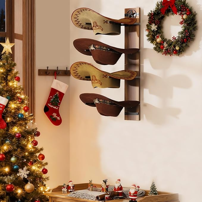 Hat Holder Rustic Wood Star Design – 2-Piece Organizer with Extra Wide Wooden Boards (12cm / 4.72"), 4-Hook Cowboy Hat Rack for Wall, Western Decor, Hat Storage Display Hanger