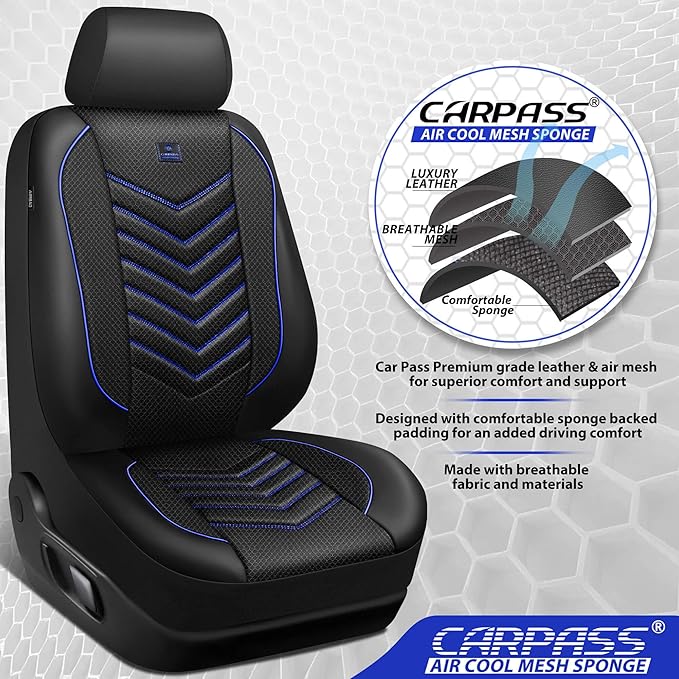 CAR PASS 3D Foam Mesh Leather Car Seat Covers Front Seats, Breathable Front Seat Cover for Cars, Comfortable Universal Fit for SUV Truck Sedan Automotive Anti-Slip Airbag Compatible, Black and Blue