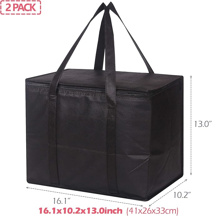 Set of 2 Large Insulated Reusable Grocery Bags with Sturdy Zipper and Handles, Foldable Washable Heavy Duty Cooler Totes for Hot or Cold Food Delivery, Groceries, Travel, Shopping