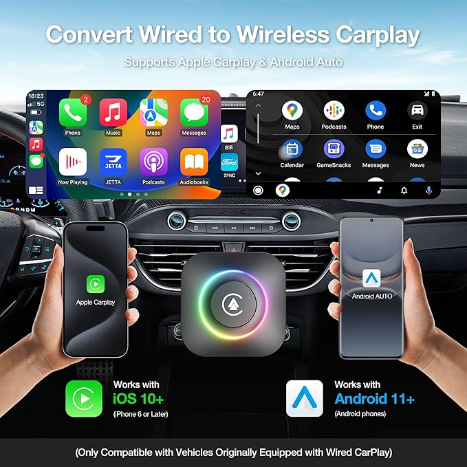 Magic Box 2026 Wireless CarPlay Adapter, AI Box Android Auto Supports Strea-ming Video for TikTok/YouTube, USB for Offline Media, Screen Mirroring Car Adapter for Factory Wired Car Play