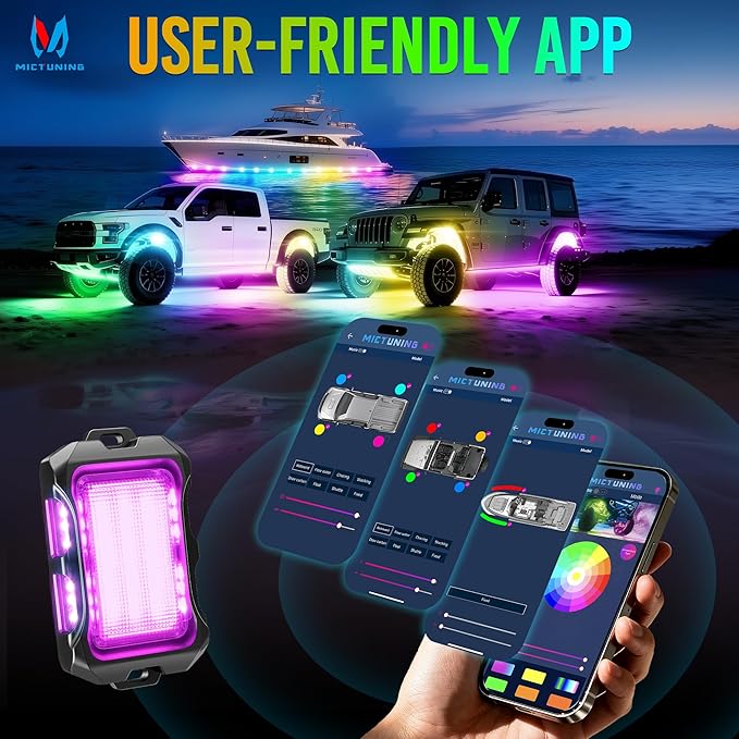 MICTUNING Q2+ MAX RGB+IC Rock Lights - 8 Pods Multi-Color DIY Effect Underglow Neon Kit, Individual Group Control, APP Music Sync, IP68 Waterproof