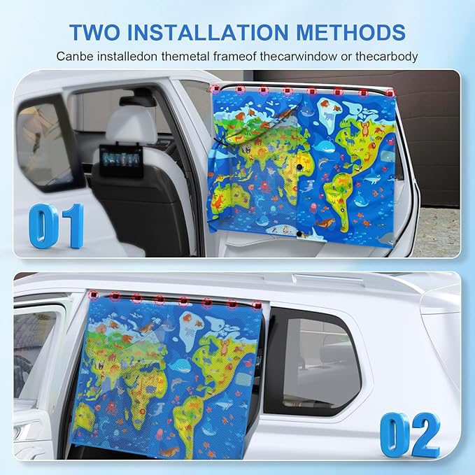 Car Window Shades with 8 Magnets-26.8"x19.7" Car Rear/Side Window Sunshade for Baby Semi-Transparent 2-in-1 Universal Auto Sun Shade for Kid & Pet Protection (2 Pack) World Map