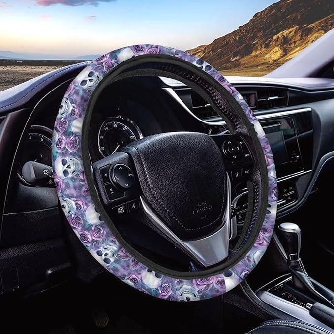 AFPANQZ Steering Wheel Protection for Automotive Steering Wheel Covers, Skull Purple Rose Sweat Absorption Comfort Grip for Driver Women Men