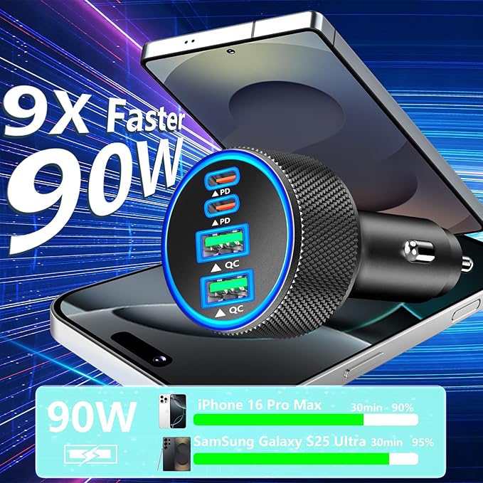 Car Charger USB C, KYOHAYA 90W 4-Port Dual USB-C & USB-A Power Cigarette Lighter Adapter PD/QC Type C Car Charger Fast Charging for iPhone 17 Pro 17 Pro Max 16 15 14 13 12 11/Galaxy S26 S25/Pixel/iPad