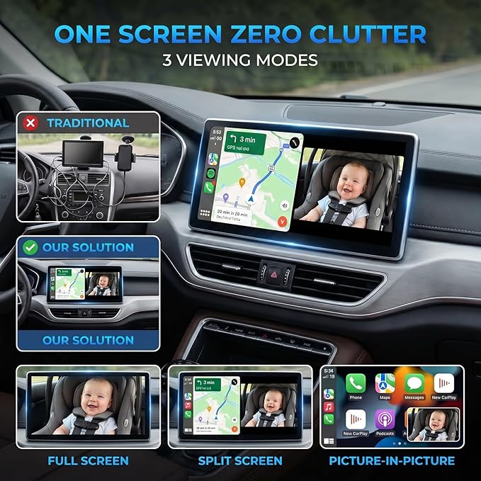 Cabin Care 1080P Baby Car Camera with Wireless CarPlay Adapter for iPhone Only, Real-Time Rear Seat Monitor, 150° Wide-Angle, IR Night Vision, Works with Factory Wired CarPlay (Dog)