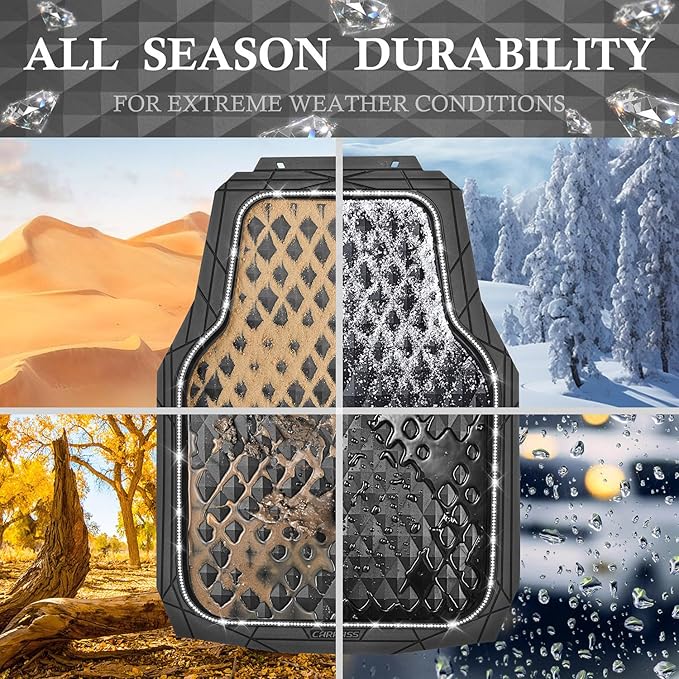 CAR PASS Bling Diamond Rubber Car Mats, Heavy Duty Deep Dish All-Weather Floor Mat Full Set Anti-Slip 3D Rhombus Waterproof Trim Fit Liner Universal Glitter Sparkly Shining Rhinestone, White Diamond