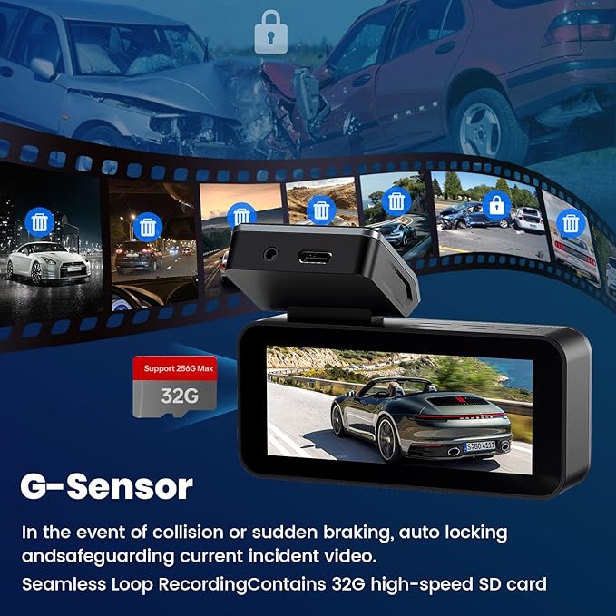 2.5K Dash Cam Front and Rear with 64GB Card, Car Camera with 3.39" IPS Screen, WDR Night Vision, Parking Monitor, G-Sensor Dash Camera