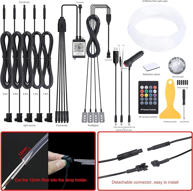 6 m Optic Fiber Car Ambient Lighting Kit Bluetooth App Control + RF Remote Control 64 Colors Multicoloured Music Interior Footwell Lighting Kit 12V 1W