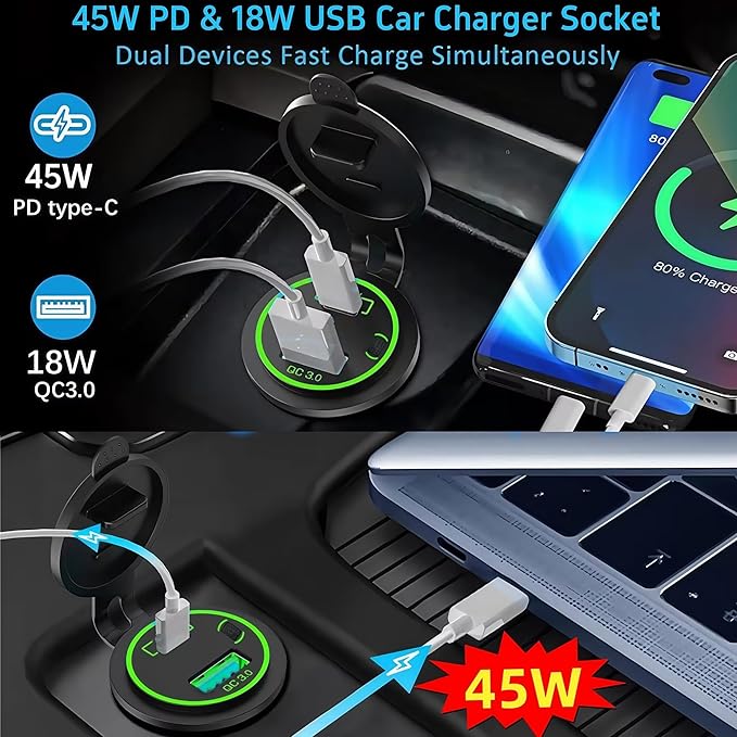 45W PD & 18W QC3.0 USB Laptop Car Charger Power Socket, Marine Type-C/USB C Port Fast Charging Adapter, 12V USB Power Outlet with ON/Off Switch Button Waterproof Cover for Boat RV Truck Golf (Green)