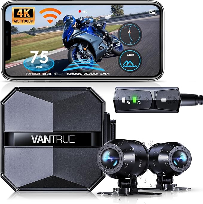 Vantrue F1 Motorcycle 4K Dash Cam Front and Rear, 4K + 1080P Motorcycle Camera, Full Body IP67 Waterproof, GPS Wi-Fi, 160° Wide Angle, Wired Remote, Night Vision, G-Sensor, Parking Mode, Support 512GB