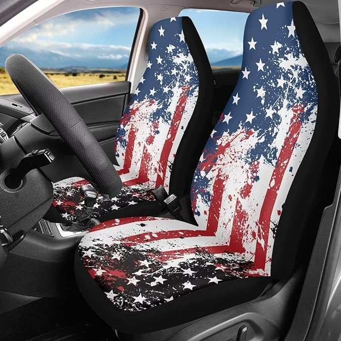 ELEQIN America Flag 2 Pack Front Car Seat Covers Universal Seat Protector Car Interior Decor Mat Covers for Auto SUV Van Truck Car Interior Decor