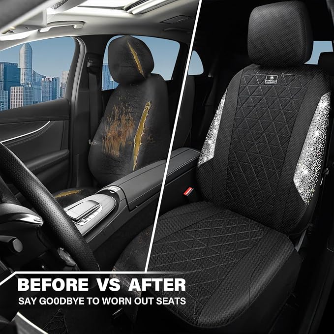 CAR PASS Oxford Bling Diamond Car Seat Covers 2 Front Interior Sets, Waterproof Shining Glitter Sparkly Crystal Universal Armrest Fit 95% Automotive Truck SUV Cute Women Girl, Black Silver Rhinestone