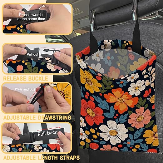 Colorful Flowers Car Trash Bag, Hanging Drawstring Car Garbage Bag,Canvas Car Back Seat Organizer with Adjustable Buckle for Men and Women