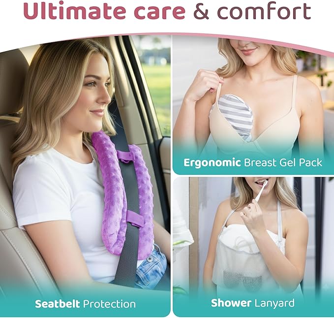 Zomaple Mastectomy Recovery Pillow with Strap, Swirly Gel Pack, Seat Belt Cover & Shower Lan – Post Mastectomy Must Haves, Breast Augmentation/Reduction & Mastectomy Recovery Supplies – Washable Cover