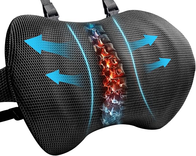 YFONG Lumbar Support Pillow for Car & Office Chair, Memory Foam Back Cushion with Adjustable Straps Non-Slip, Firm Support for Lower Back Pain Relief, Black