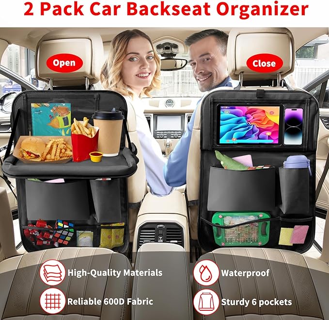Car Backseat Organizer with Tablet Holder, 6 Storage Pockets Foldable Table Tray Seat Back Protectors Kick Mats Travel Accessories, 2 Pack Black