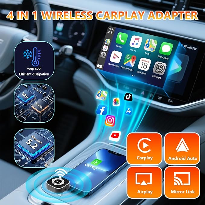 4 in 1 Wireless Carplay Adapter 2026 Upgrade, Ultra-mini Size USB Design Wired to Wireless Adapter for Apple Carplay & Android Auto & Airplay & Mirror Link, Plug and Play (Black)