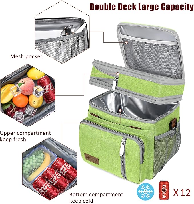 MIYCOO Lunch Bag & Lunch Box for Women Men, Double Deck Leakproof Insulated Soft Large Adult Camping Cooler bag for Work, Beach, Picnic, Travel (Green, 15L)