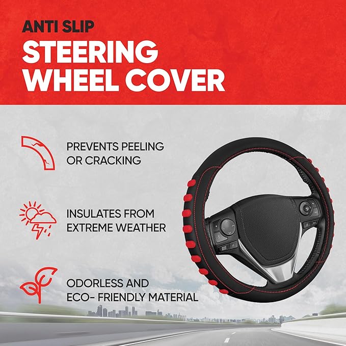 Motor Trend FlexGrip Red Steering Wheel Cover for Cars – Standard 15 inch Car Steering Wheel Cover, Red and Black Steering Wheel Protector for Auto Truck Van SUV